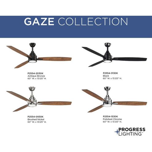 Gaze 60 inch Brushed Nickel with Silver/Cherry Blades Ceiling Fan, Progress LED